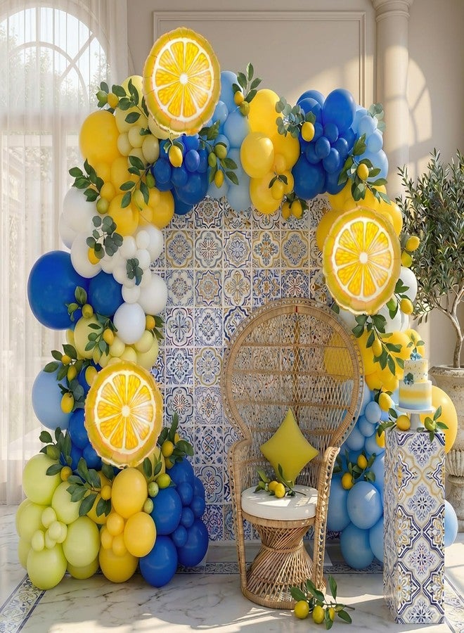 kozee Lemon Royal Blue Yellow Balloon Garland Arch Kit with Lemon Foil Balloons for amalfi last toast on the coast Bachelorette Bridal Shower freshly graduated lemon decor Main Squeeze Party Supplies - Image 1