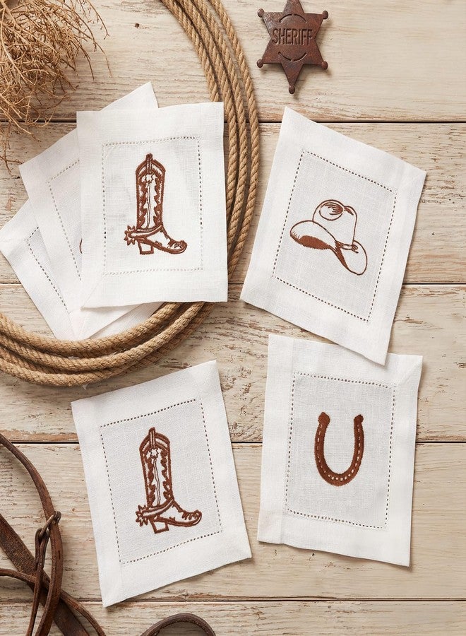 Batiyeer 6 Pcs Western Cowboy Linen Cotton Napkins 6x6 Inch, Embroidered Hemstitch Coasters Reusable Boot Hat Pattern Cocktail Napkins for Party Decoration Bar Cart Birthday Holiday Housewarming Gifts - Image 1