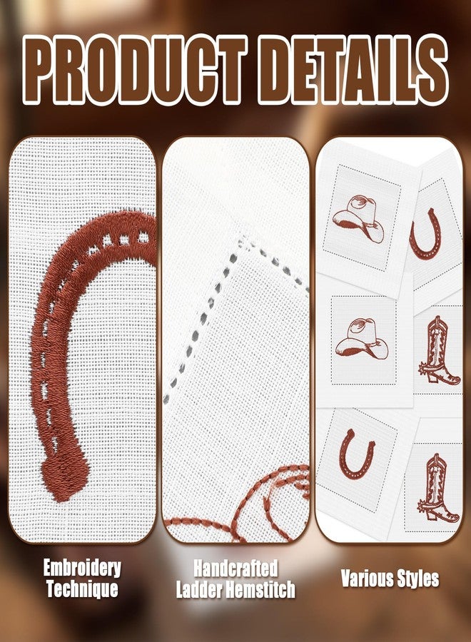 Batiyeer 6 Pcs Western Cowboy Linen Cotton Napkins 6x6 Inch, Embroidered Hemstitch Coasters Reusable Boot Hat Pattern Cocktail Napkins for Party Decoration Bar Cart Birthday Holiday Housewarming Gifts - Image 3