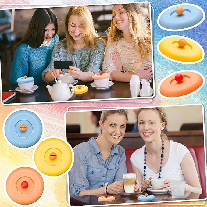 MeeTo Heat Resistant Silicone Cup Cap Cover, Rubber Cup Lids with Spoon Stand, Holder, Anti Dust, Dustproof, Airtight Food Grade, Reusable Mug Glass Cover (Random Color) (1) - Image 5
