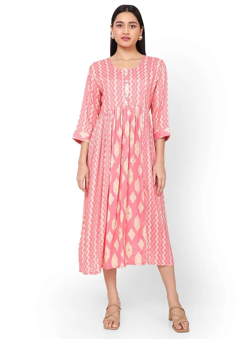 HANA & SARA FRONT STYLED BUTTONED SOFT VISCOSE PRINTED PINK COLOUR SHORT ARABIC KAFTAN JALABIYA DRESS