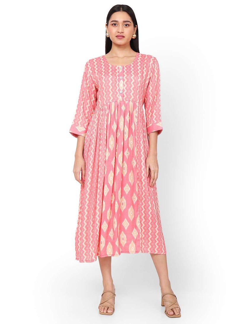 HANA & SARA FRONT STYLED BUTTONED SOFT VISCOSE PRINTED PINK COLOUR SHORT ARABIC KAFTAN JALABIYA DRESS  - Image 4