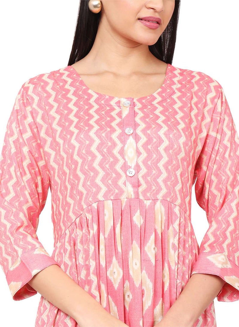 HANA & SARA FRONT STYLED BUTTONED SOFT VISCOSE PRINTED PINK COLOUR SHORT ARABIC KAFTAN JALABIYA DRESS  - Image 3