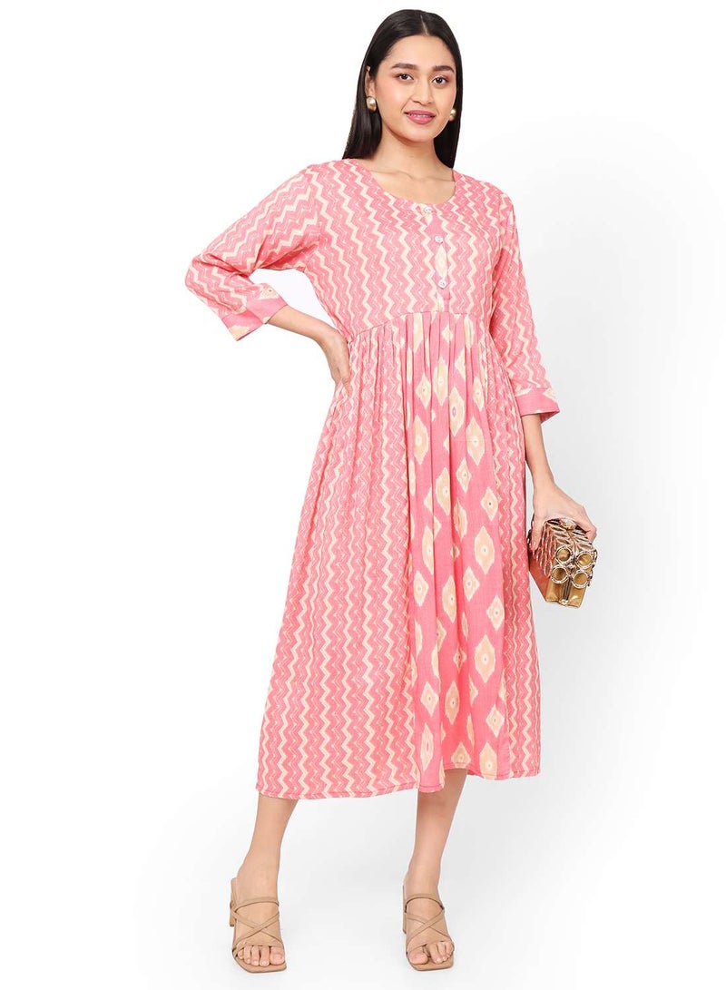 HANA & SARA FRONT STYLED BUTTONED SOFT VISCOSE PRINTED PINK COLOUR SHORT ARABIC KAFTAN JALABIYA DRESS  - Image 1