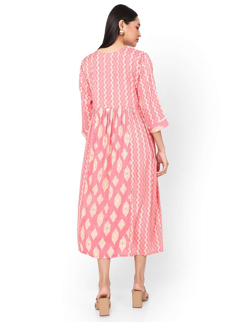 HANA & SARA FRONT STYLED BUTTONED SOFT VISCOSE PRINTED PINK COLOUR SHORT ARABIC KAFTAN JALABIYA DRESS  - Image 2