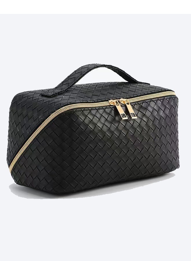 Large-Capacity Travel Cosmetic Bag, Leather Makeup Bag With Handle, Waterproof Portable Toiletry Bag, Multifunctional Make Up Organizer With Separate Inner Pockets For Organized Storage, 24*11*12cm Black - Image 1