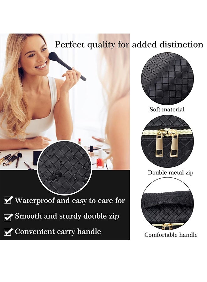 Large-Capacity Travel Cosmetic Bag, Leather Makeup Bag With Handle, Waterproof Portable Toiletry Bag, Multifunctional Make Up Organizer With Separate Inner Pockets For Organized Storage, 24*11*12cm Black - Image 3