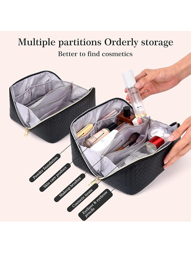 Large-Capacity Travel Cosmetic Bag, Leather Makeup Bag With Handle, Waterproof Portable Toiletry Bag, Multifunctional Make Up Organizer With Separate Inner Pockets For Organized Storage, 24*11*12cm Black - Image 5