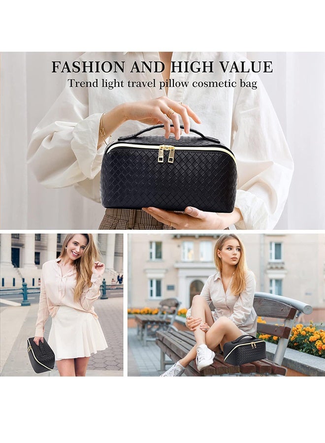 Large-Capacity Travel Cosmetic Bag, Leather Makeup Bag With Handle, Waterproof Portable Toiletry Bag, Multifunctional Make Up Organizer With Separate Inner Pockets For Organized Storage, 24*11*12cm Black - Image 4