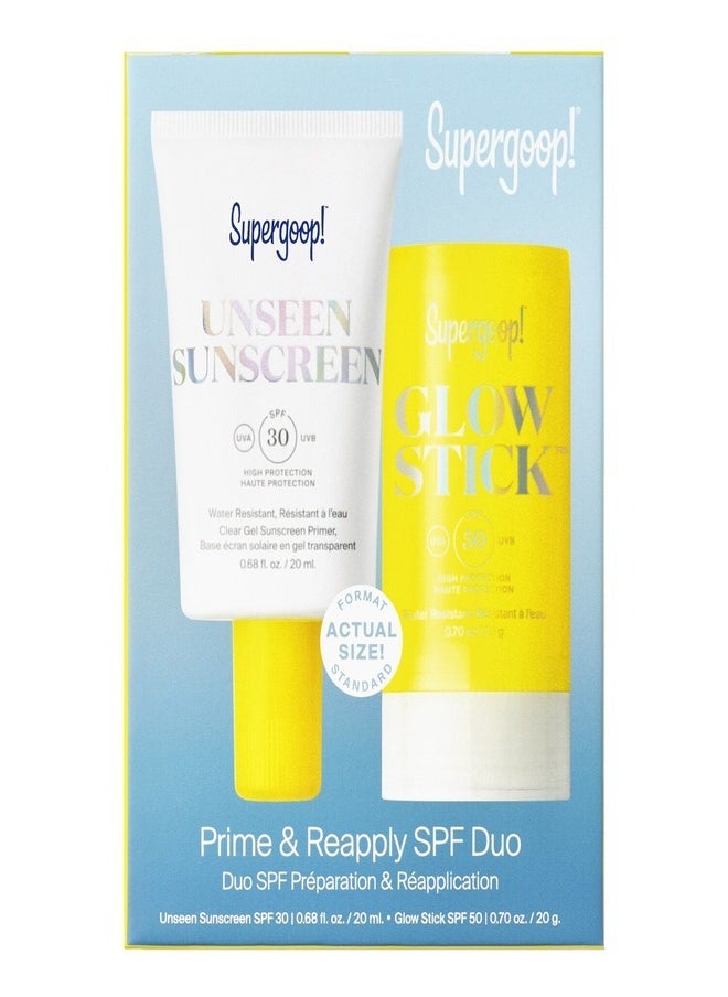 سوبر جوپ سوبر جووب! Prime & Reapply SPF Duo - مجموعة واقية من الشمس مزدوجة المفعول تتميز بعامل حماية من الشمس SPF 40 للمكياج وبودرة مريحة لإعادة الاستخدام بعامل حماية من الشمس SPF 30 للحماية من الأشعة فوق البنفسجية طوال اليوم ولمسة نهائية ناعمة.  - Image 1