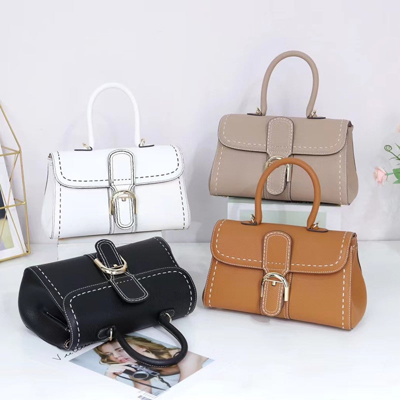 Horseshoe Buckle Handbag Handmade Beeswax Thread Fashion Shoulder Crossbody Small Square Bag Litchi Pattern First Layer Cowhide Genuine Leather Bag - Image 4