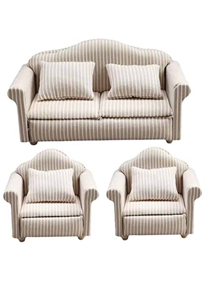 3pcs Dollhouse Sofa Miniature House Miniature Dolls White Throw Pillow Small Furniture Miniature Living Room Furniture Dolls House Furniture Couch Miniature Sofa Decoration Stripe - Image 1