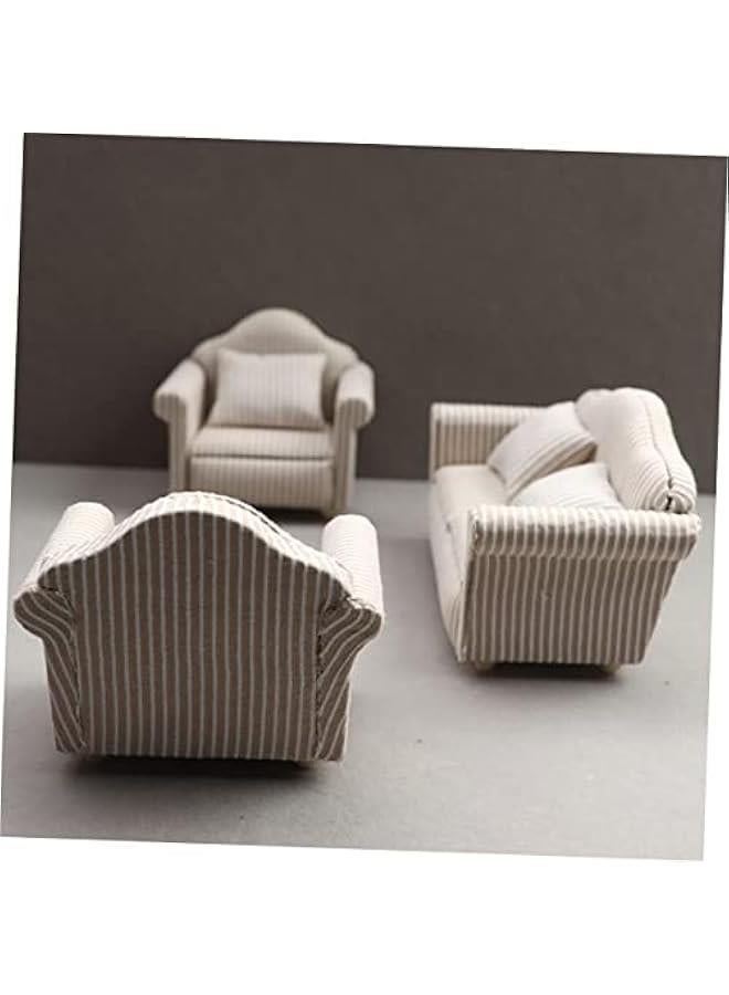 3pcs Dollhouse Sofa Miniature House Miniature Dolls White Throw Pillow Small Furniture Miniature Living Room Furniture Dolls House Furniture Couch Miniature Sofa Decoration Stripe - Image 2