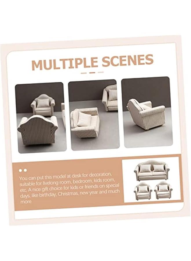 3pcs Dollhouse Sofa Miniature House Miniature Dolls White Throw Pillow Small Furniture Miniature Living Room Furniture Dolls House Furniture Couch Miniature Sofa Decoration Stripe - Image 3