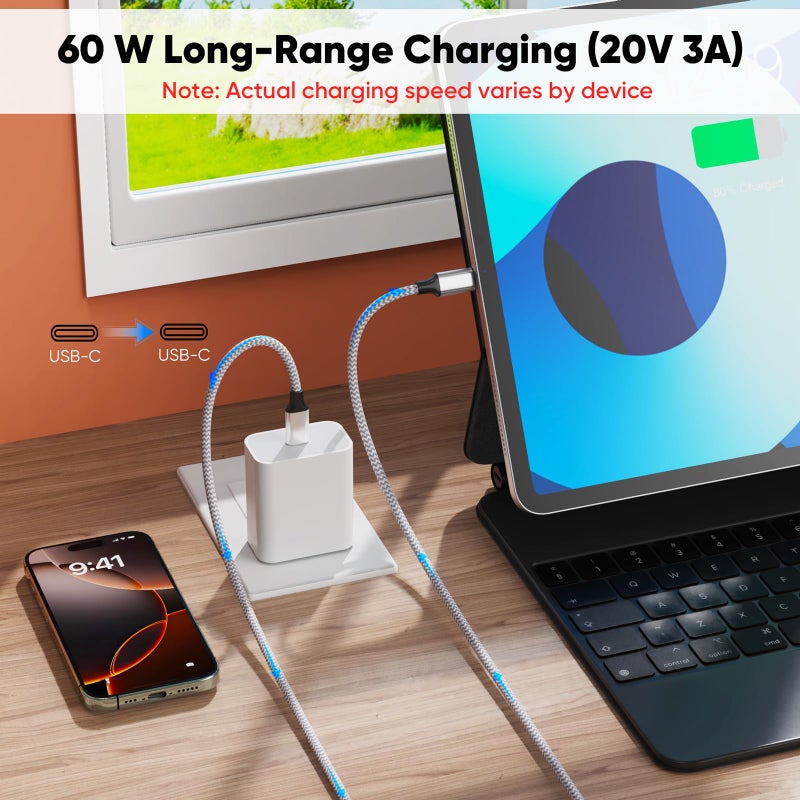 DteeDck 15 Ft USB C Cable Extra Long, 60W Fast Charging USBC to USB-C Cord, 480Mbps Data Transfer Type C Male to Male for Security Camera, Dash Cam, iPhone 17/16/15, Android Phone, iPad, Tablet - Image 3