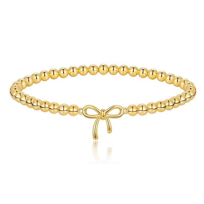 Pancert Gold Bow Bracelets for Women 14K Gold Plated Stretch Beads Bracelets Stackable Newton Bracelets Gold Charm Jewerly Cute Stocking Stuffers for Women Trendy - Image 1