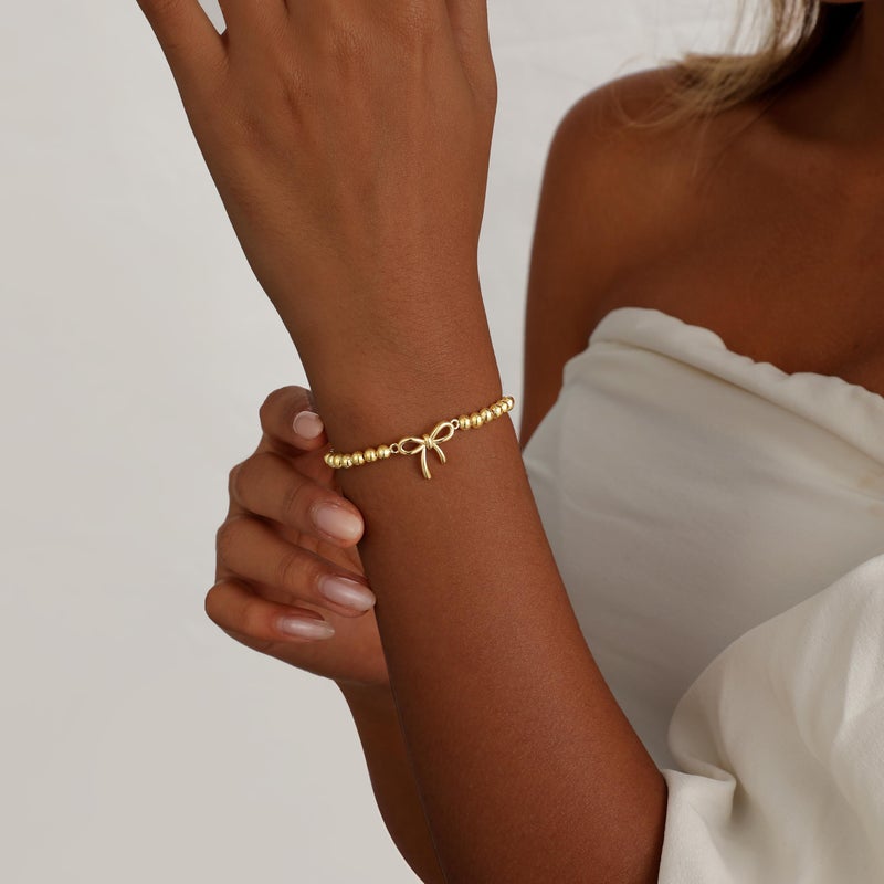 Pancert Gold Bow Bracelets for Women 14K Gold Plated Stretch Beads Bracelets Stackable Newton Bracelets Gold Charm Jewerly Cute Stocking Stuffers for Women Trendy - Image 2