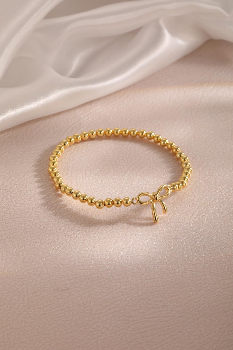 Pancert Gold Bow Bracelets for Women 14K Gold Plated Stretch Beads Bracelets Stackable Newton Bracelets Gold Charm Jewerly Cute Stocking Stuffers for Women Trendy - Image 5