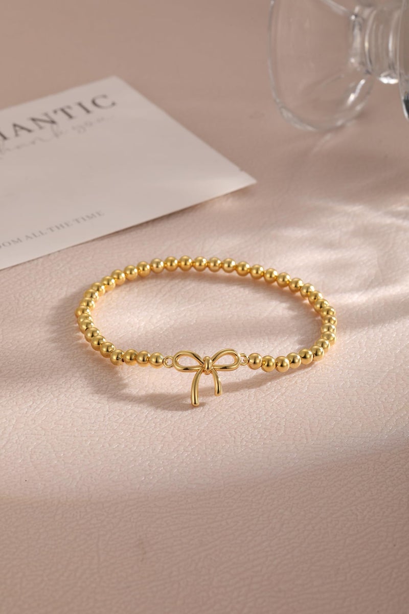 Pancert Gold Bow Bracelets for Women 14K Gold Plated Stretch Beads Bracelets Stackable Newton Bracelets Gold Charm Jewerly Cute Stocking Stuffers for Women Trendy - Image 4