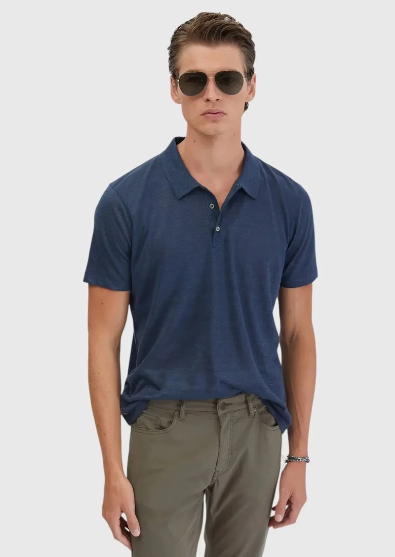 RAMSEY Navy Blue Plain Polo Neck 100% Linen T-Shirt