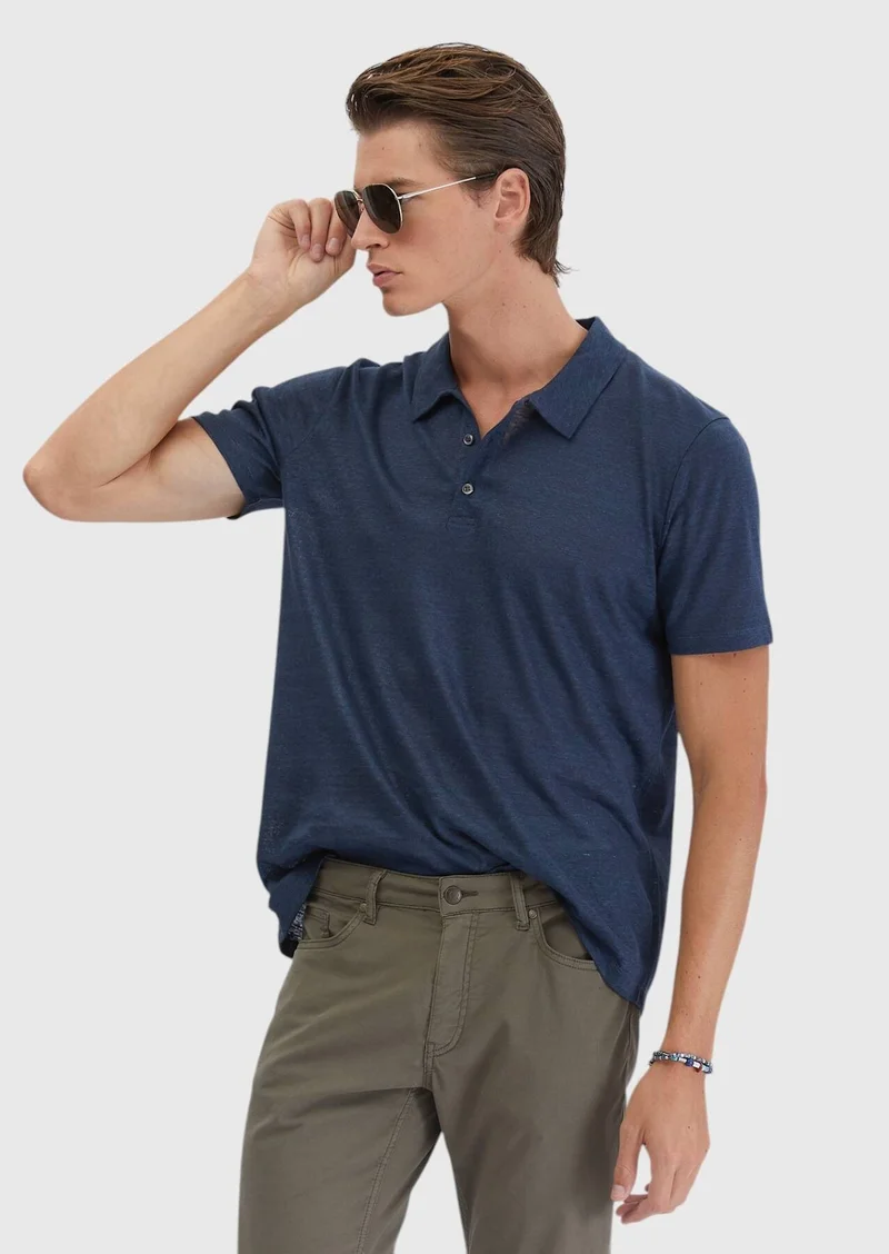 RAMSEY Navy Blue Plain Polo Neck 100% Linen T-Shirt