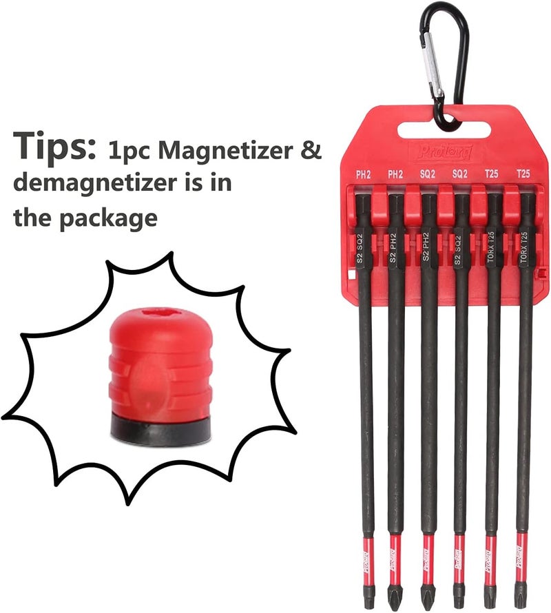 Protorq Long Impact Bit Set, PH2 SQ2 T25, 6-Inch Length, 6-Piece with 1-Piece Magnetizer & demagnetizer - Image 1