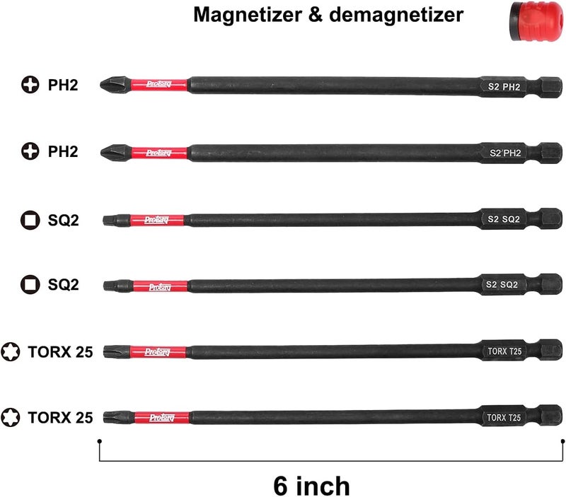 Protorq Long Impact Bit Set, PH2 SQ2 T25, 6-Inch Length, 6-Piece with 1-Piece Magnetizer & demagnetizer - Image 2
