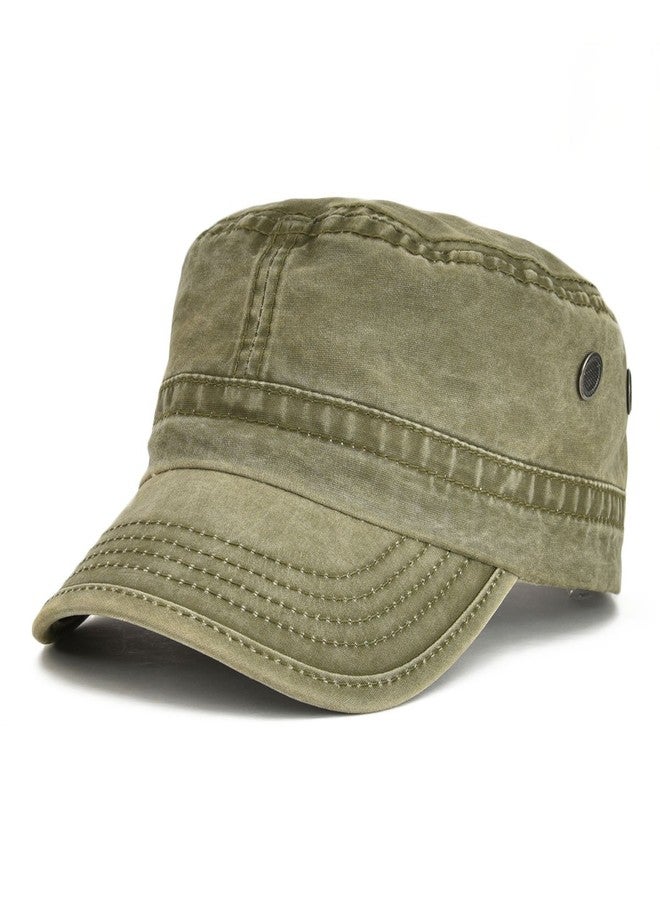 VOBOOM Washed Cotton Military Cadet Army Caps Unique Design Vintage Flat Top Hat (Army Green) - Image 1