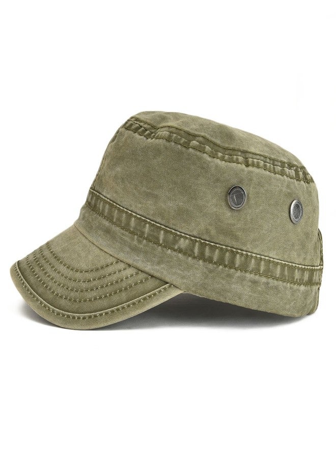 VOBOOM Washed Cotton Military Cadet Army Caps Unique Design Vintage Flat Top Hat (Army Green) - Image 2