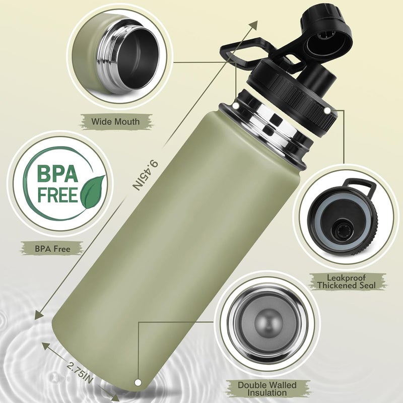 زجاجة ماء من الفولاذ المقاوم للصدأ، 500 مل/18 أونصة، خالية من BPA، مزدوجة الجدران، تحتفظ بالحرارة لمدة 8 ساعات والبرودة لمدة 18 ساعة، مانعة للتسرب، زجاجات مفرغة من الهواء معزولة حرارياً للاستخدام في المنزل والمكتب والمدرسة (أخضر زيتوني فاتح) - Image 5