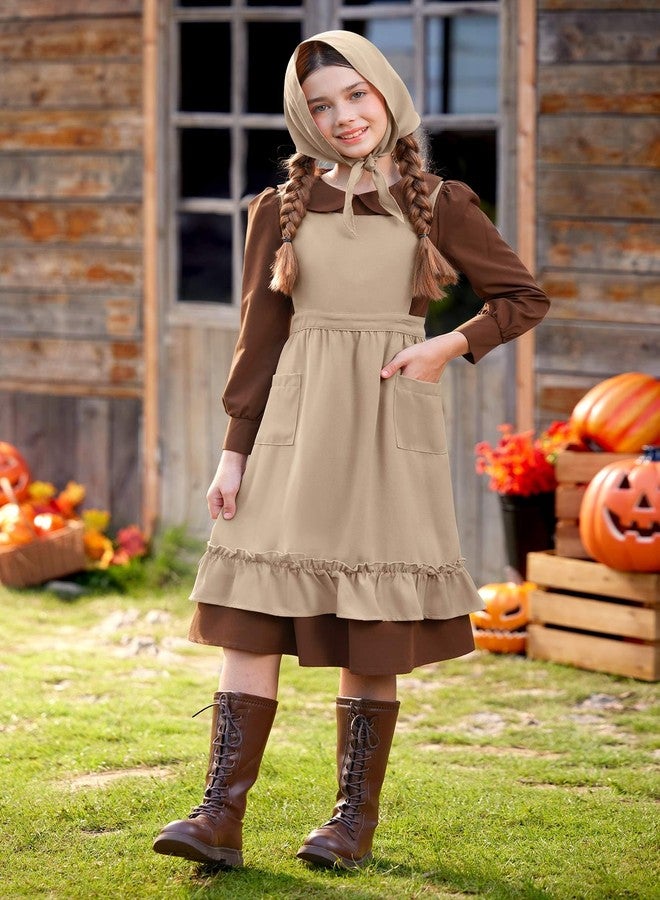 BesserBay Big Kids Long Sleeve Outfit with Khaki Apron for Girls Peter Pan Collar Brown Prairie Pioneer Dress with Headscarf 16 Years - Image 5