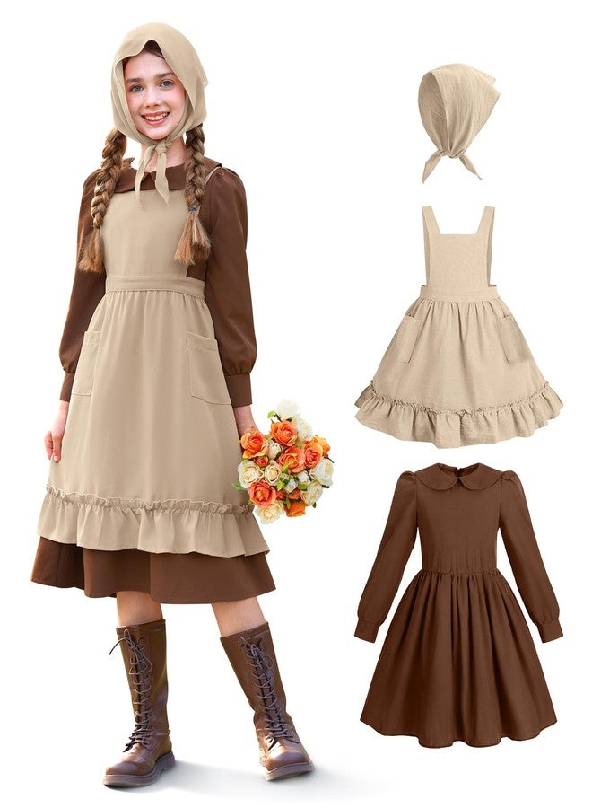 BesserBay Big Kids Long Sleeve Outfit with Khaki Apron for Girls Peter Pan Collar Brown Prairie Pioneer Dress with Headscarf 16 Years - Image 1