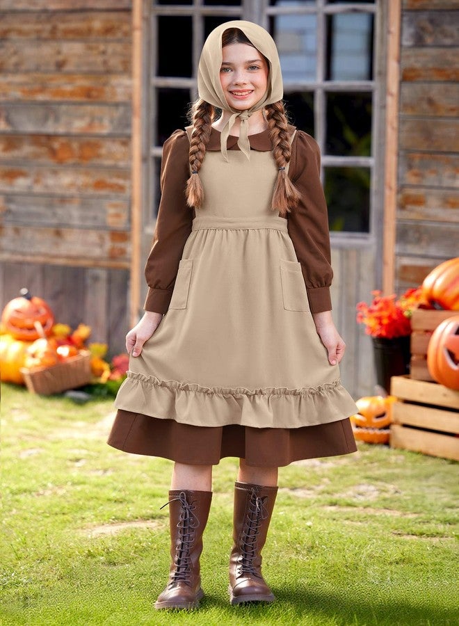 BesserBay Big Kids Long Sleeve Outfit with Khaki Apron for Girls Peter Pan Collar Brown Prairie Pioneer Dress with Headscarf 16 Years - Image 3