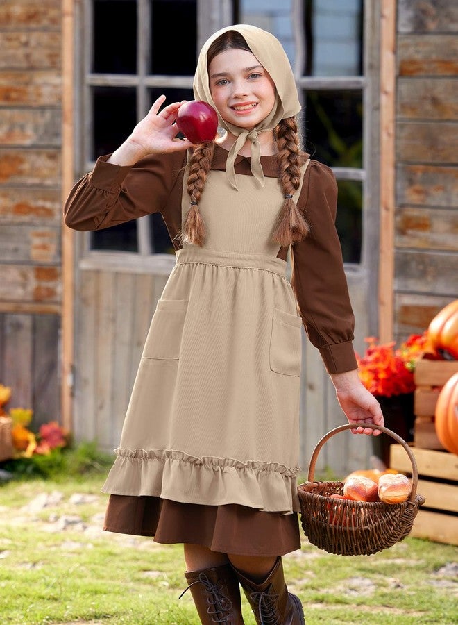 BesserBay Big Kids Long Sleeve Outfit with Khaki Apron for Girls Peter Pan Collar Brown Prairie Pioneer Dress with Headscarf 16 Years - Image 2