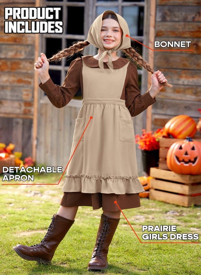 BesserBay Big Kids Long Sleeve Outfit with Khaki Apron for Girls Peter Pan Collar Brown Prairie Pioneer Dress with Headscarf 16 Years - Image 4