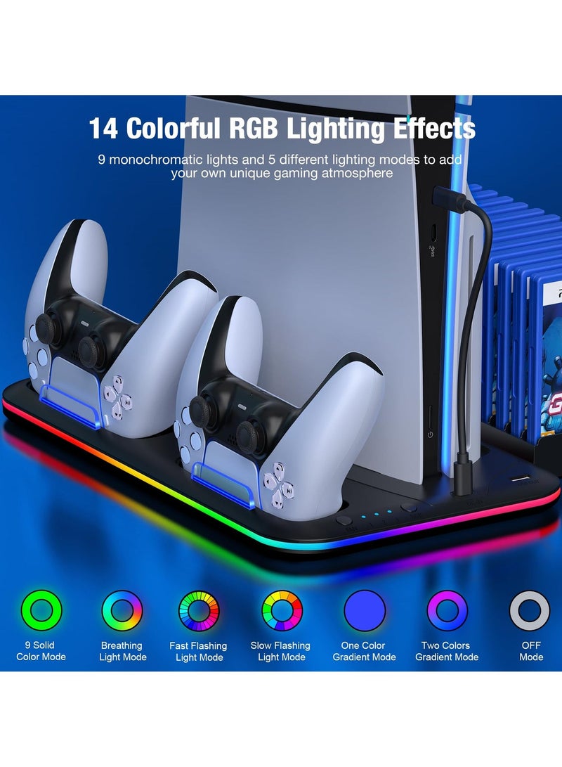 حامل PS5 مع محطة تبريد ومحطة شحن وحدات التحكم لوحدة تحكم PS5 Slim، ملحقات PS5 مع إضاءة RGB وحامل سماعة رأس و15 فتحة للألعاب - Image 5