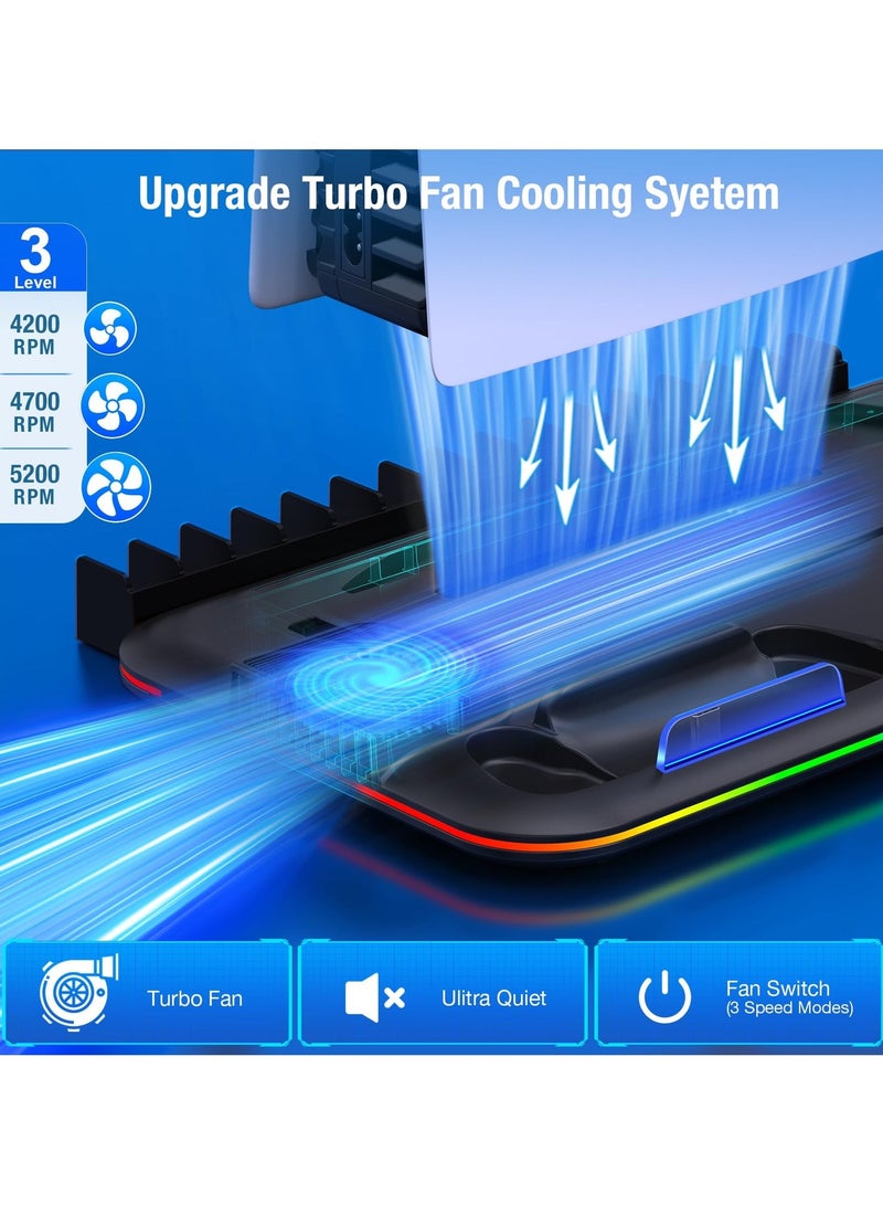 حامل PS5 مع محطة تبريد ومحطة شحن وحدات التحكم لوحدة تحكم PS5 Slim، ملحقات PS5 مع إضاءة RGB وحامل سماعة رأس و15 فتحة للألعاب - Image 3