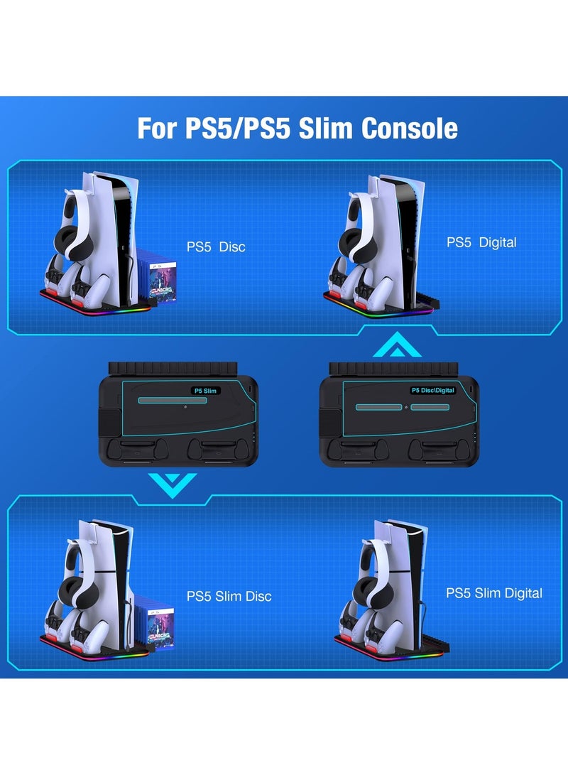 حامل PS5 مع محطة تبريد ومحطة شحن وحدات التحكم لوحدة تحكم PS5 Slim، ملحقات PS5 مع إضاءة RGB وحامل سماعة رأس و15 فتحة للألعاب - Image 4