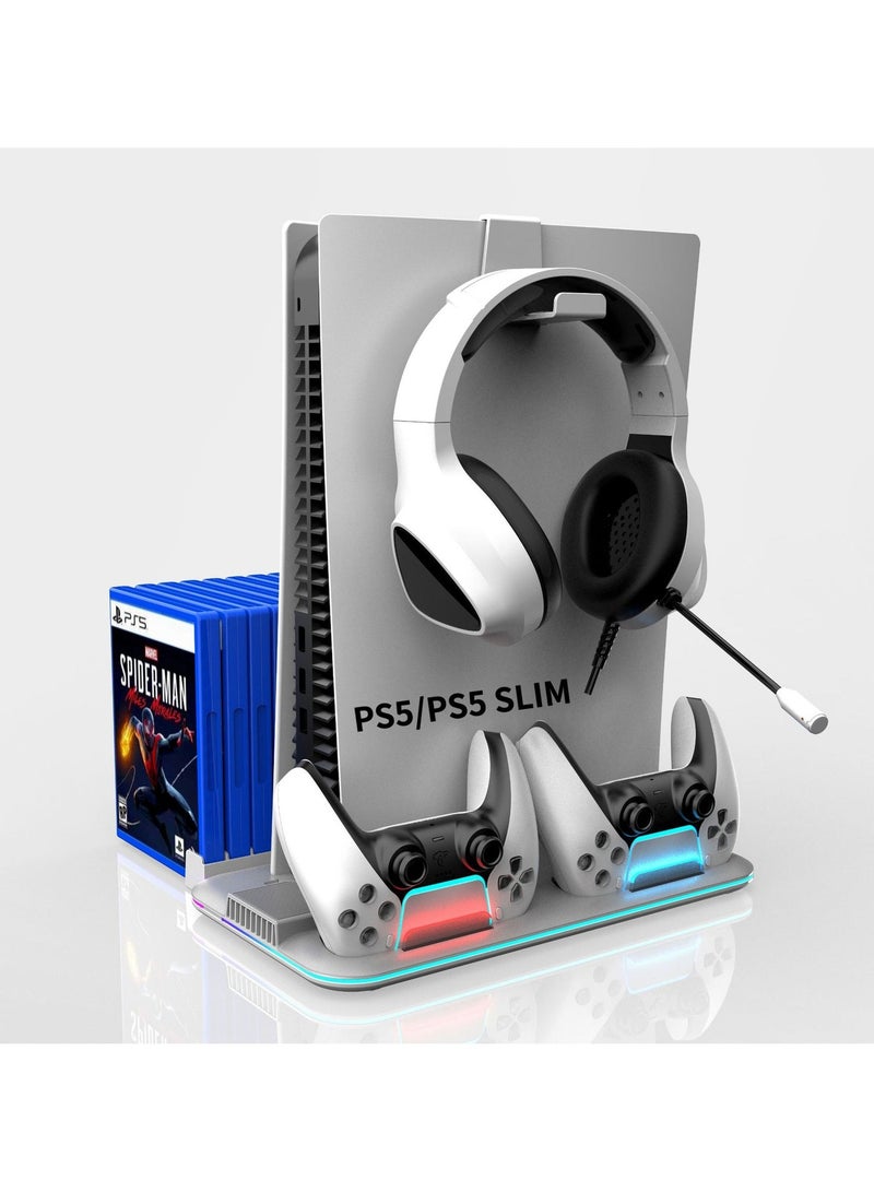 حامل PS5 مع محطة تبريد ومحطة شحن وحدات التحكم لوحدة تحكم PS5 Slim، ملحقات PS5 مع إضاءة RGB وحامل سماعة رأس و15 فتحة للألعاب - Image 1