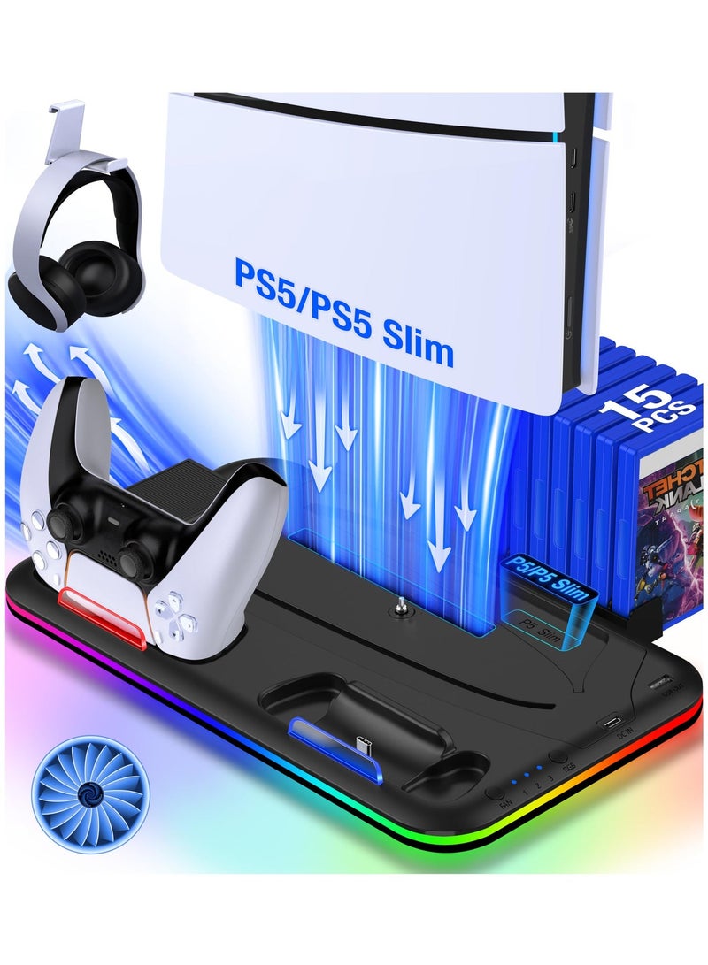 حامل PS5 مع محطة تبريد ومحطة شحن وحدات التحكم لوحدة تحكم PS5 Slim، ملحقات PS5 مع إضاءة RGB وحامل سماعة رأس و15 فتحة للألعاب - Image 2