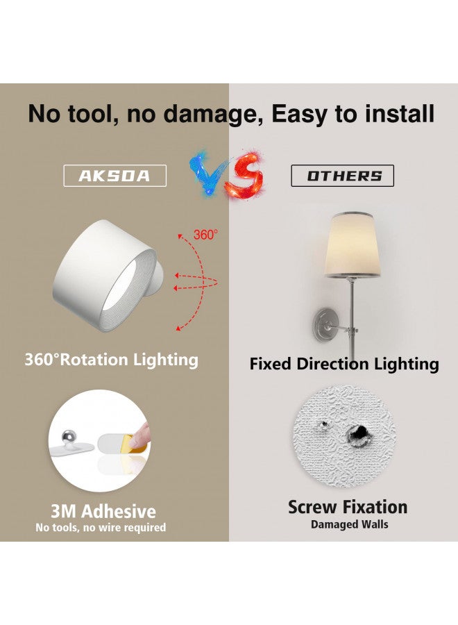 AKSDA AKSDA Battery Operated Wall Light, LED Lamp with 360°Adjustable Lighting Indoor Light 3 Color Modes Brightness Levels Touch Control, Mounted for Bedroom Reading Bedside-1Pack White  - Image 2