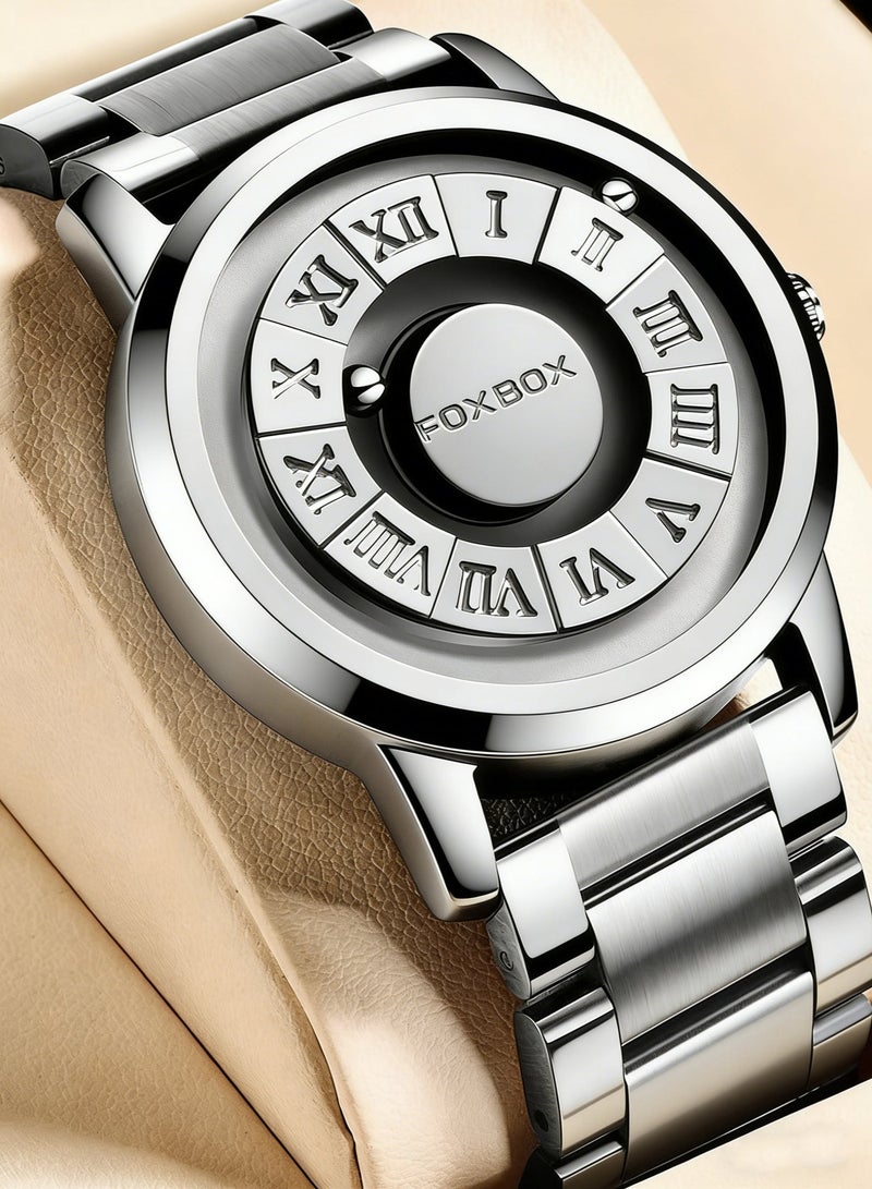 فوكس بوكس ساعة كوارتز رجالية مبتكرة بمينا مغناطيسي متحرك للرجال ساعات مقاومة للماء - 42 مم - فضي - Image 1