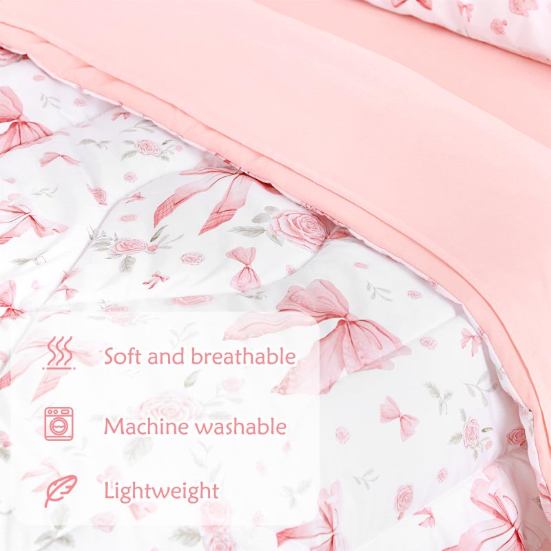 Jundetye Toddler Bedding Set for Girls 4 Pieces Pink Rose, Soft Breathable Toddler Comforter Set, Bow Flower Print, Includes Reversible Comforter, Fitted Sheet and Flat Sheet, Pillowcase - Image 2