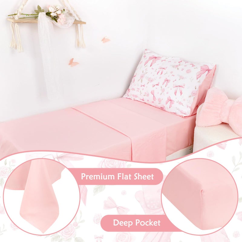 Jundetye Toddler Bedding Set for Girls 4 Pieces Pink Rose, Soft Breathable Toddler Comforter Set, Bow Flower Print, Includes Reversible Comforter, Fitted Sheet and Flat Sheet, Pillowcase - Image 3