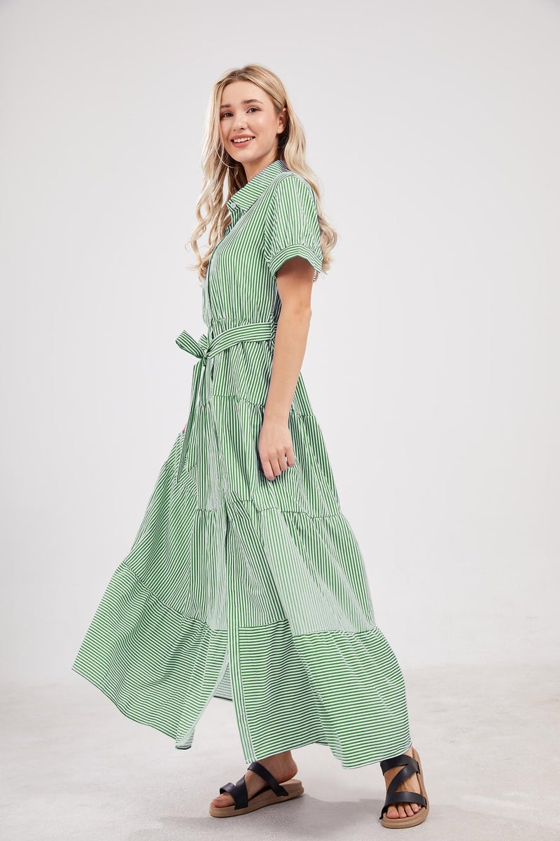 utcoco Womens Casual Short Sleeve Button Down Tie Waist Ruffled Striped Maxi Shirt Dress (Small, Green) - Image 4