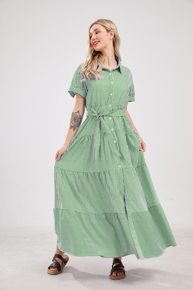 utcoco Womens Casual Short Sleeve Button Down Tie Waist Ruffled Striped Maxi Shirt Dress (Small, Green) - Image 3