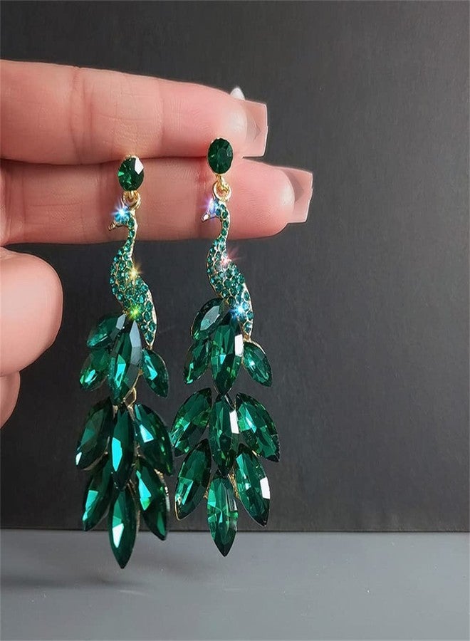 Dtja Vintage Peacock Dangle Earrings for Women Girls Gold-Toned Green Crystal Feather Peafowl Statement Drop Dangling Stud Earring Boho Exaggerated Birthday Holiday Jewelry Gifts (Green) - Image 4