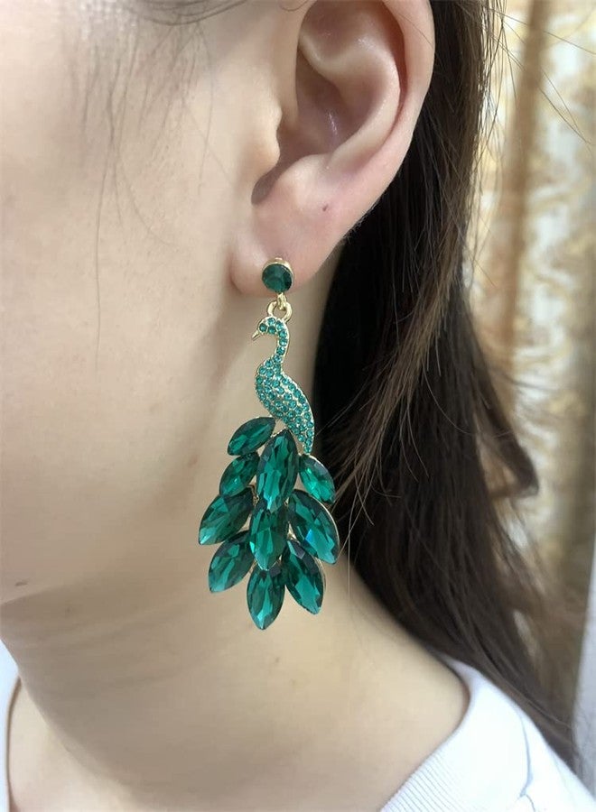 Dtja Vintage Peacock Dangle Earrings for Women Girls Gold-Toned Green Crystal Feather Peafowl Statement Drop Dangling Stud Earring Boho Exaggerated Birthday Holiday Jewelry Gifts (Green) - Image 3