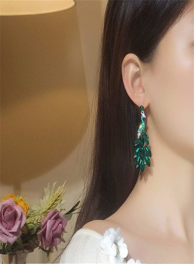 Dtja Vintage Peacock Dangle Earrings for Women Girls Gold-Toned Green Crystal Feather Peafowl Statement Drop Dangling Stud Earring Boho Exaggerated Birthday Holiday Jewelry Gifts (Green) - Image 2