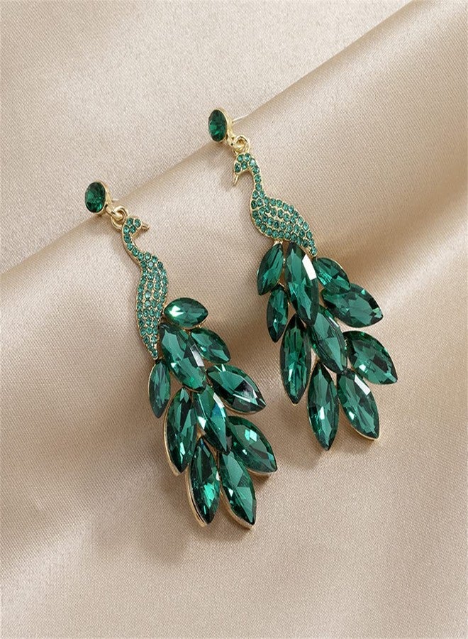 Dtja Vintage Peacock Dangle Earrings for Women Girls Gold-Toned Green Crystal Feather Peafowl Statement Drop Dangling Stud Earring Boho Exaggerated Birthday Holiday Jewelry Gifts (Green) - Image 5